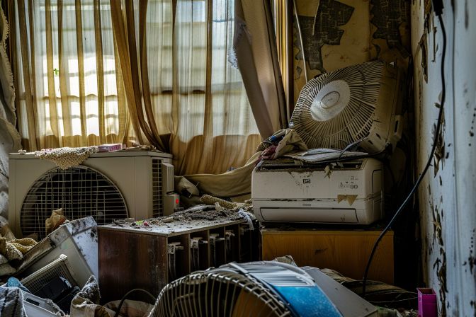 An old, dusty air conditioning unit in a cluttered living room. An old, dusty air conditioning unit in a cluttered living room.