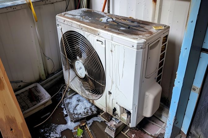 A small air conditioning unit with a visible water leak. A small air conditioning unit with a visible water leak.