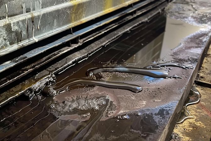 A damaged drain pan in an air conditioning unit causing water leakage. A damaged drain pan in an air conditioning unit causing water leakage.