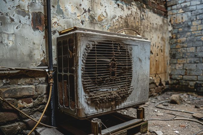 An old, dusty AC unit in poor condition in a dimly lit room. An old, dusty AC unit in poor condition in a dimly lit room.