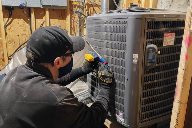 A technician cleaning air filter and straightening fins on an AC unit. A technician cleaning air filter and straightening fins on an AC unit.