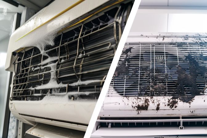 A comparison of a clean air conditioner after chemical wash and a dirty one in need of an overhaul. A comparison of a clean air conditioner after chemical wash and a dirty one in need of an overhaul.
