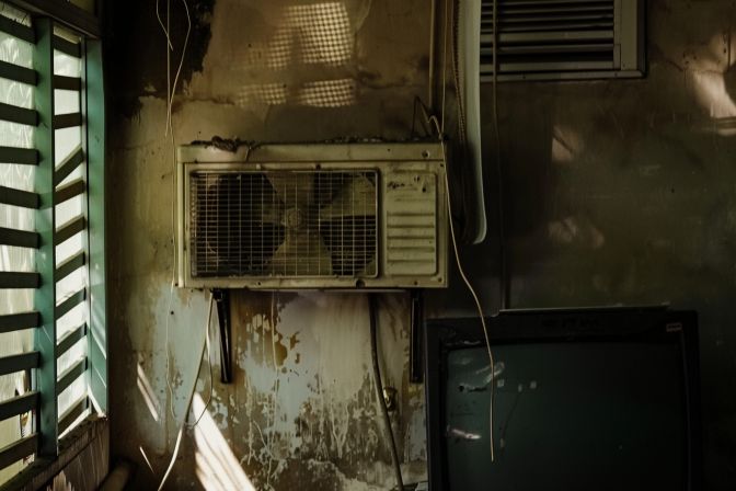 An aged, malfunctioning air conditioning unit needing replacement or repair. An aged, malfunctioning air conditioning unit needing replacement or repair.
