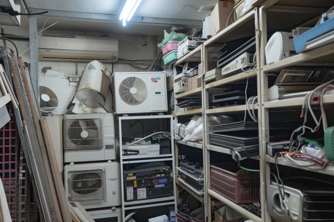 The cluttered workshop at Alfa Aircon in Singapore stocks various AC parts. The cluttered workshop at Alfa Aircon in Singapore stocks various AC parts.