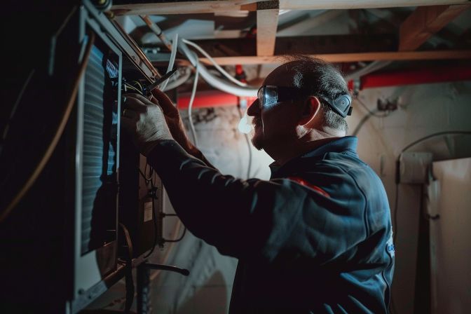 A technician servicing an air conditioning unit in a residential setting. A technician servicing an air conditioning unit in a residential setting.