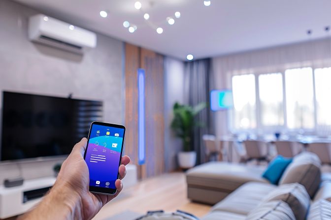A smart home system integrates air conditioning, thermostat and voice assistant. A smart home system integrates air conditioning, thermostat and voice assistant.