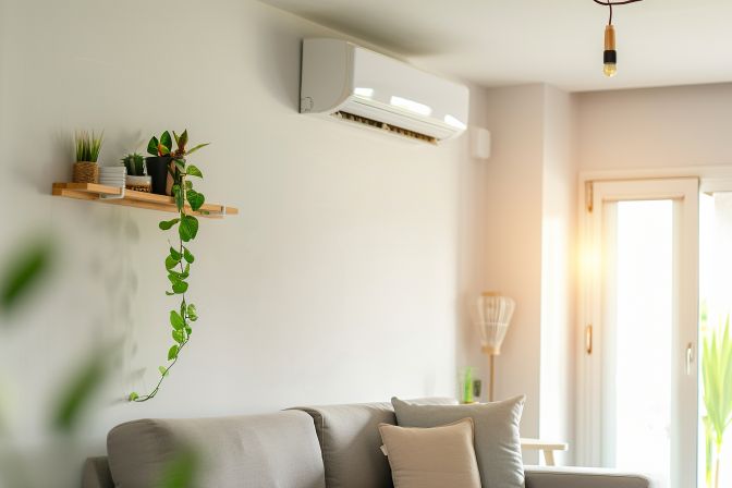 A photo of a well-maintained, energy-efficient air conditioning unit in a modern living room. A photo of a well-maintained, energy-efficient air conditioning unit in a modern living room.