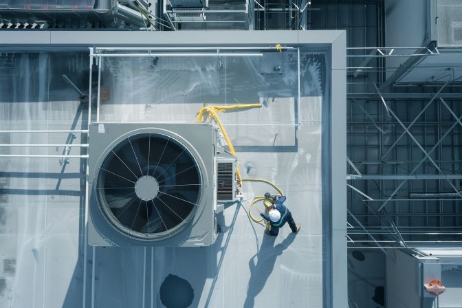 A technician servicing a well-maintained air conditioning unit in a commercial space. A technician servicing a well-maintained air conditioning unit in a commercial space.