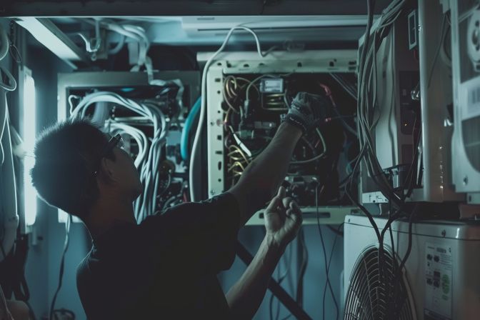 An Alfa Aircon repairman is inspecting and fixing an old AC unit. An Alfa Aircon repairman is inspecting and fixing an old AC unit.