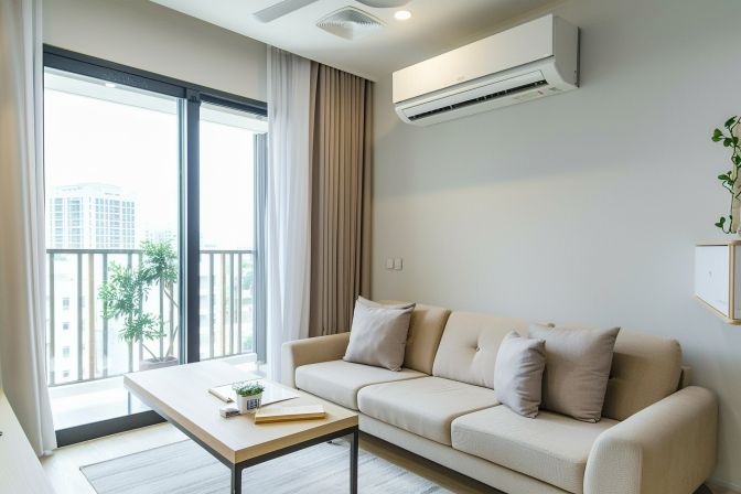 A modern air conditioner unit in a well-lit living room. A modern air conditioner unit in a well-lit living room.
