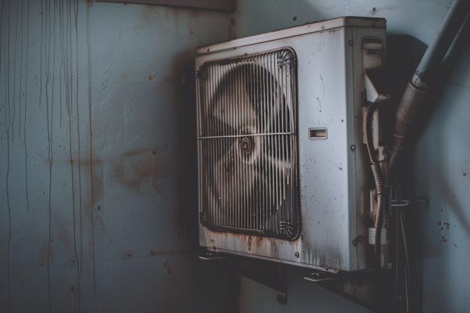 The air conditioning unit in a poorly maintained room had a dirty air filter and neglected evaporator coil. The air conditioning unit in a poorly maintained room had a dirty air filter and neglected evaporator coil.