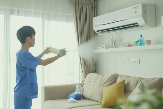 Advertisement for air conditioning servicing featuring technician conducting maintenance. Advertisement for air conditioning servicing featuring technician conducting maintenance.