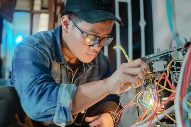 A technician repairs an air conditioning unit in a living room. A technician repairs an air conditioning unit in a living room.