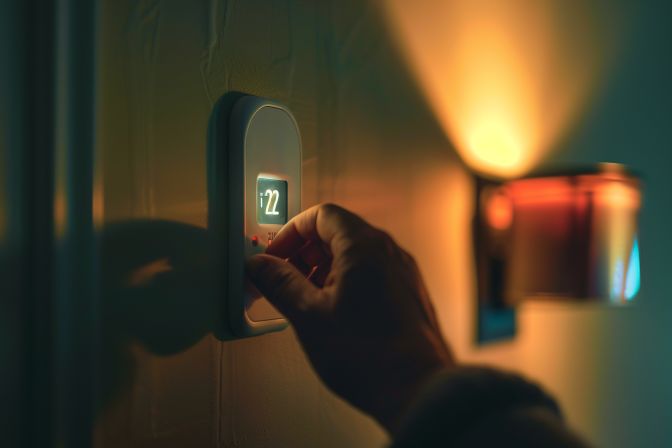 A hand replacing batteries in a wall thermostat for routine inspection. A hand replacing batteries in a wall thermostat for routine inspection.