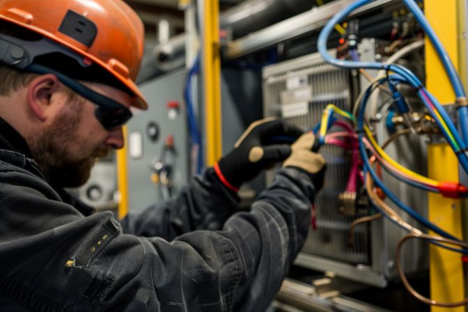 An HVAC technician measuring refrigerant levels in an air conditioning unit. An HVAC technician measuring refrigerant levels in an air conditioning unit.
