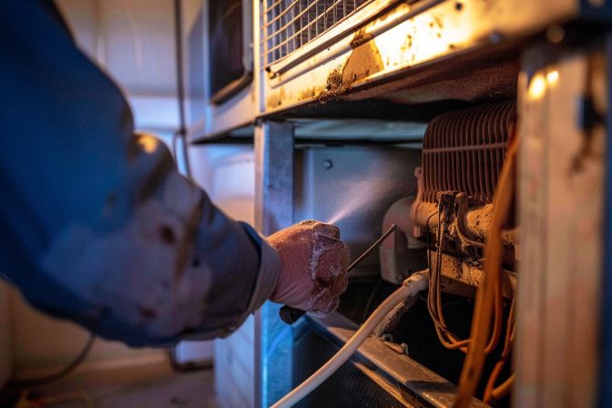 A technician cleaning an air conditioning unit's condenser coil in a maintenance room. A technician cleaning an air conditioning unit's condenser coil in a maintenance room.