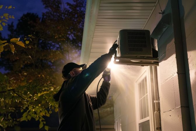 An air conditioning technician in their mid-30s performs a chemical wash on a residential outdoor unit. An air conditioning technician in their mid-30s performs a chemical wash on a residential outdoor unit.