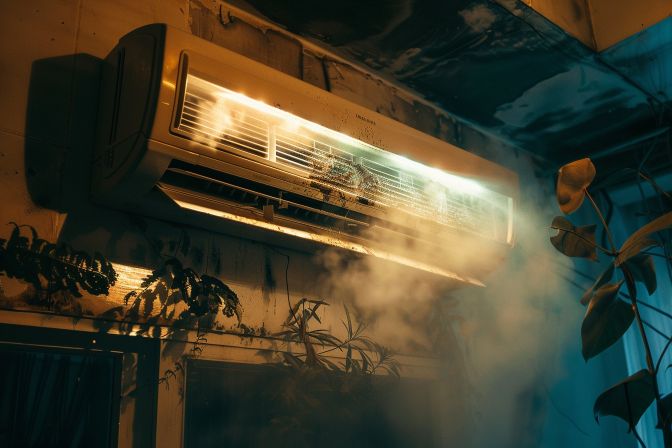 A dirty air conditioning unit being deep cleaned with chemical wash process. A dirty air conditioning unit being deep cleaned with chemical wash process.