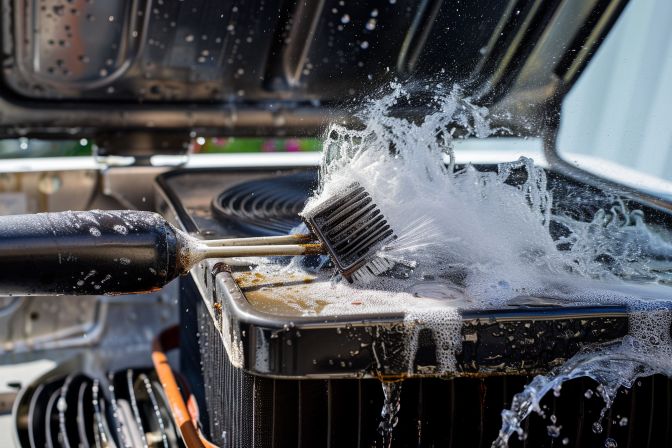 Cleaning air conditioning components by washing filter and scrubbing cooling coil. Cleaning air conditioning components by washing filter and scrubbing cooling coil.