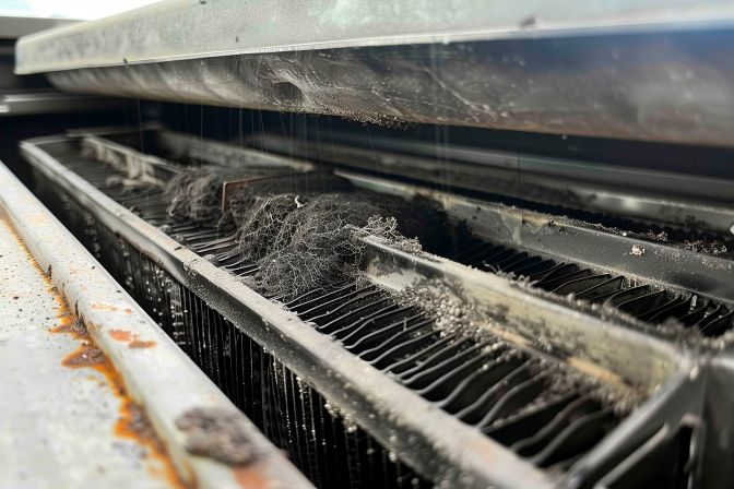A dirty air filter and clogged drain line in an air conditioning unit.