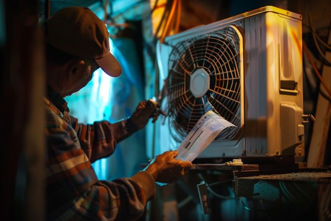 An old, broken air conditioning unit being examined for repair or replacement. An old, broken air conditioning unit being examined for repair or replacement.