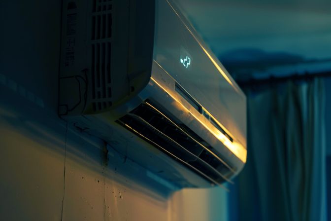 A malfunctioning air conditioner with a blinking light indication in a home. A malfunctioning air conditioner with a blinking light indication in a home.