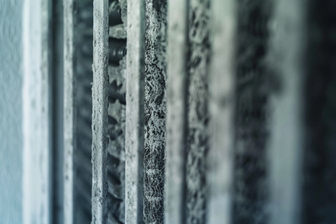 A dirty air conditioner filter covered in dust and grime. A dirty air conditioner filter covered in dust and grime.