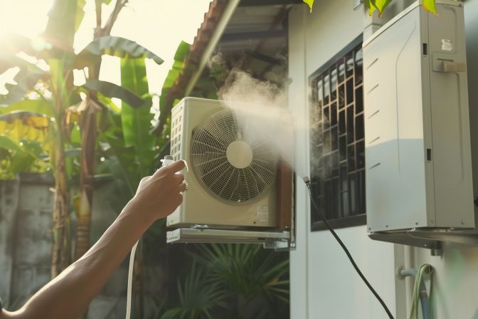 A person cleaning an air conditioning unit with eco-friendly products. A person cleaning an air conditioning unit with eco-friendly products.