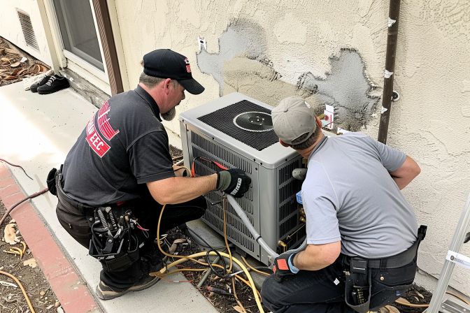 Two technicians installing an air conditioner in a residential setting. Two technicians installing an air conditioner in a residential setting.