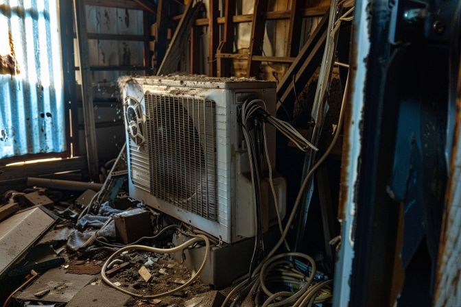 An old, dusty air conditioner unit in a cluttered room. An old, dusty air conditioner unit in a cluttered room.