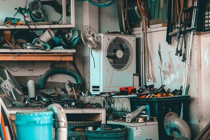 A cluttered garage with old aircon parts and tools laying around. A cluttered garage with old aircon parts and tools laying around.