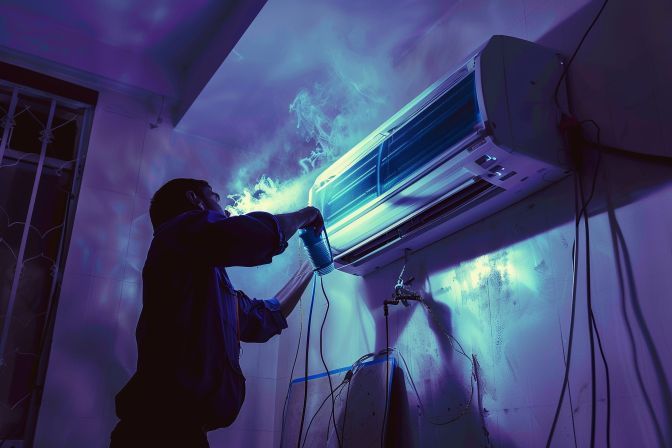 A technician conducting a chemical wash on a domestic air conditioning unit. A technician conducting a chemical wash on a domestic air conditioning unit.