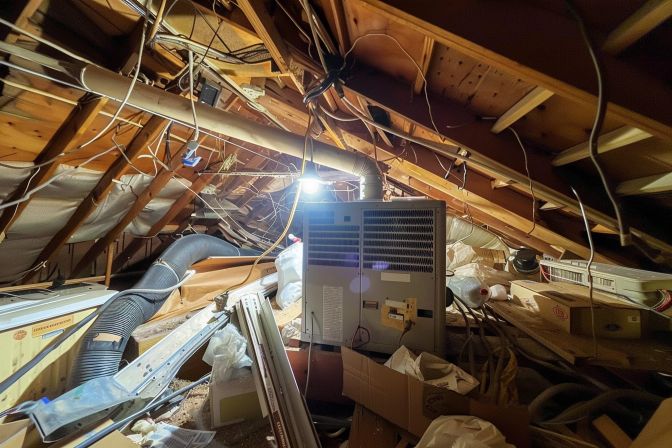 Installation of air conditioning in cramped and cluttered attic space. Installation of air conditioning in cramped and cluttered attic space.