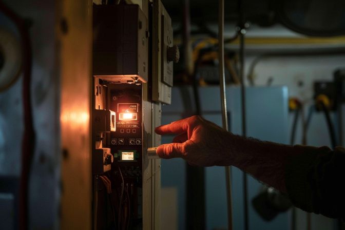 A dimly lit room with a hand resetting a tripped breaker. A dimly lit room with a hand resetting a tripped breaker.