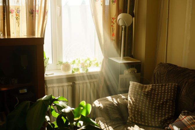 An air purifier placed in a living room with open window. An air purifier placed in a living room with open window.