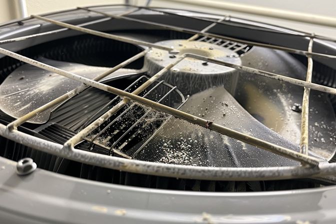 An aged air conditioning system with ENERGY STAR® label showing signs of wear. An aged air conditioning system with ENERGY STAR® label showing signs of wear.