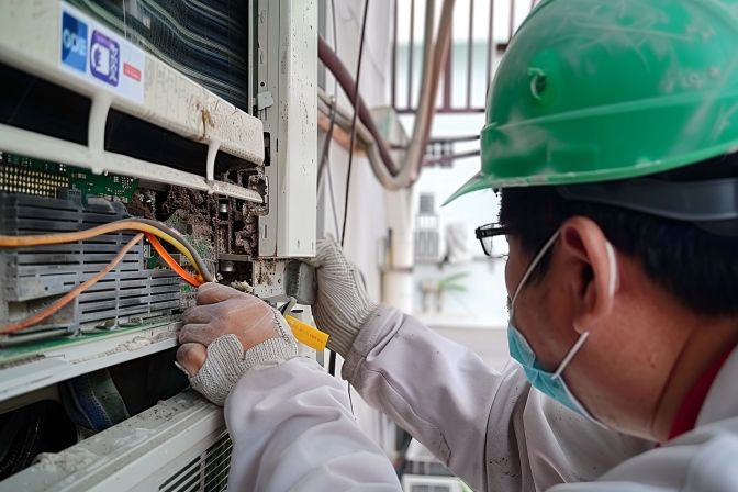 The maintenance technician inspects the aircon system's motherboard after chemical wash. The maintenance technician inspects the aircon system's motherboard after chemical wash.