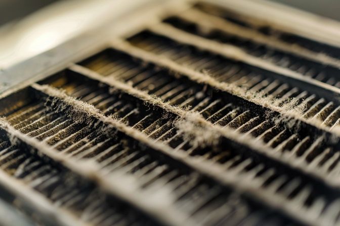 A dirty air filter in need of cleaning or replacement. A dirty air filter in need of cleaning or replacement.