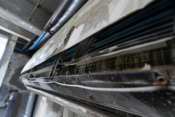 A grimy aircon unit being chemically washed in a maintenance garage. A grimy aircon unit being chemically washed in a maintenance garage.