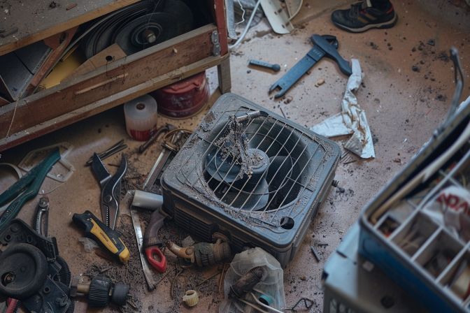 A broken aircon fan motor with scattered tools on dusty floor. A broken aircon fan motor with scattered tools on dusty floor.