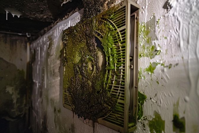 A dirty and algae-covered fan coil unit in need of cleaning. A dirty and algae-covered fan coil unit in need of cleaning.