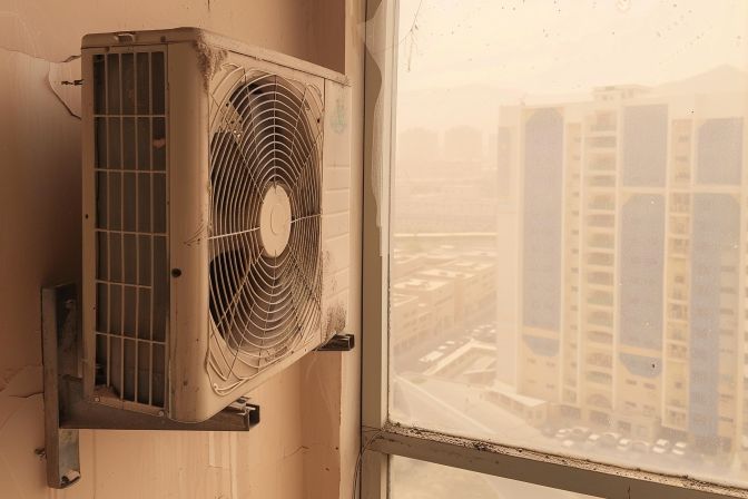 An old, worn air conditioning unit in a dusty urban environment. An old, worn air conditioning unit in a dusty urban environment.