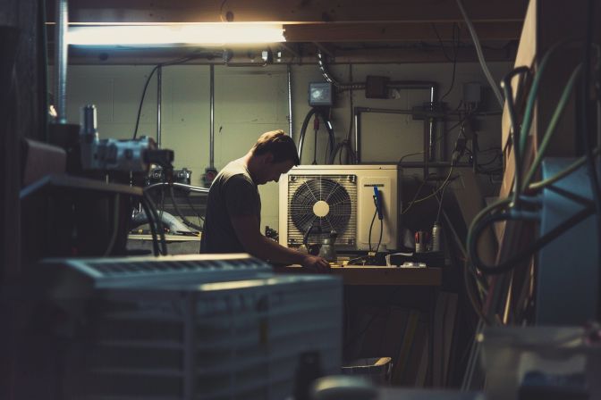 A technician examining a broken air conditioning unit surrounded by tools. A technician examining a broken air conditioning unit surrounded by tools.