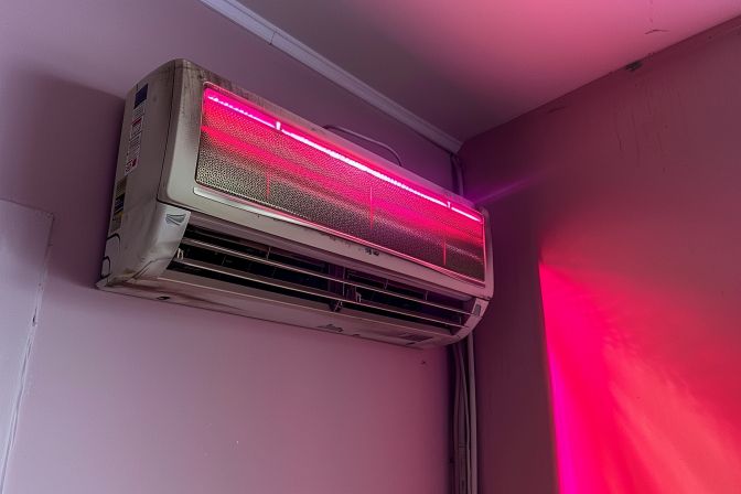 The dirty air conditioner filter with flickering red light in a room. The dirty air conditioner filter with flickering red light in a room.