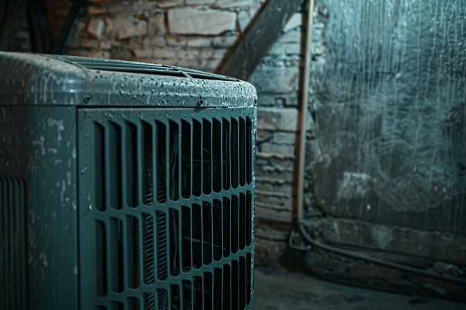 A dirty, clogged air conditioner in need of maintenance in a utility room. A dirty, clogged air conditioner in need of maintenance in a utility room.