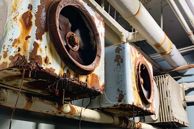 An aged fan coil unit showing signs of corrosion and rust. An aged fan coil unit showing signs of corrosion and rust.