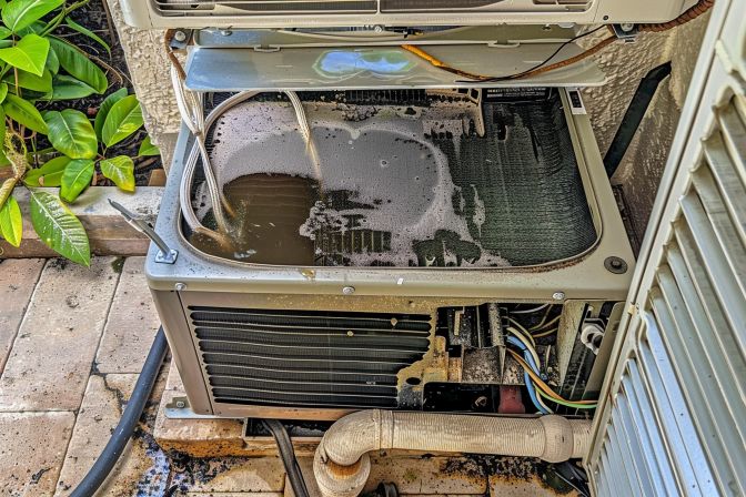 Water-filled drain pan indicates potential air conditioning unit leak. Water-filled drain pan indicates potential air conditioning unit leak.