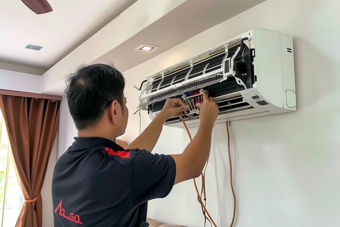 A technician from Alfa Aircon meticulously servicing an air conditioner in a living room. A technician from Alfa Aircon meticulously servicing an air conditioner in a living room.