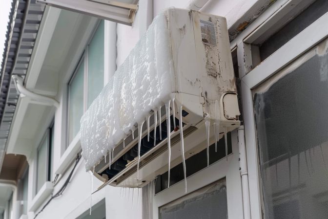 The air conditioner unit shows signs of ice buildup, water leakage, and odours, indicating the need for a chemical wash.