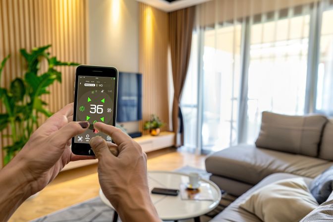 A person inspecting a thermostat in a residential living room. A person inspecting a thermostat in a residential living room.